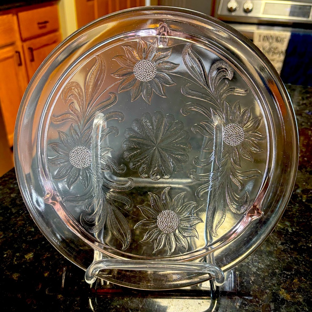 1930s Pink Depression Glass Sunflower Cake Plate